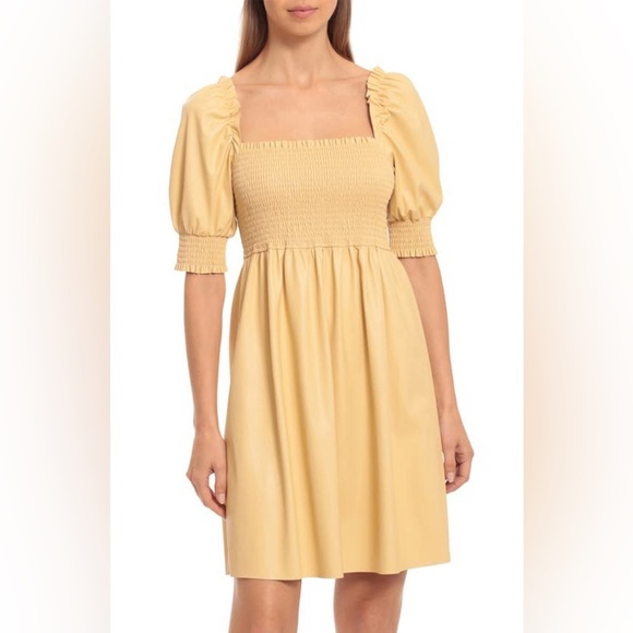 7 For All Mankind Faux Leather Puff Sleeve Fit & Flare Dress - Picture 2 of 8